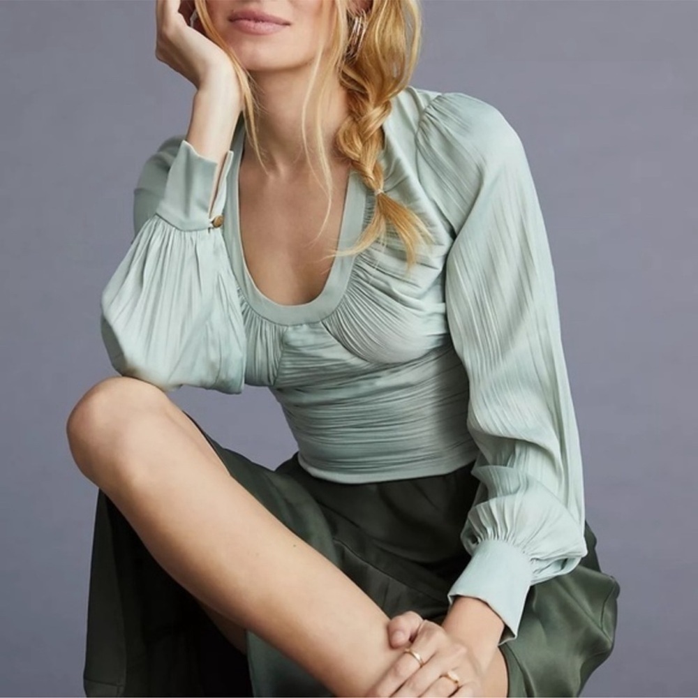 NWOT Anthropologie Blouson-Sleeve Blouse In Mint Green Size Medium